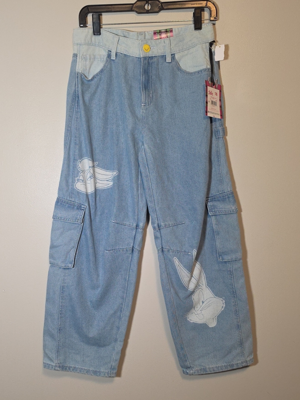 Justice Light Blue Denim Cargo Barrel Jeans with Looney Tunes